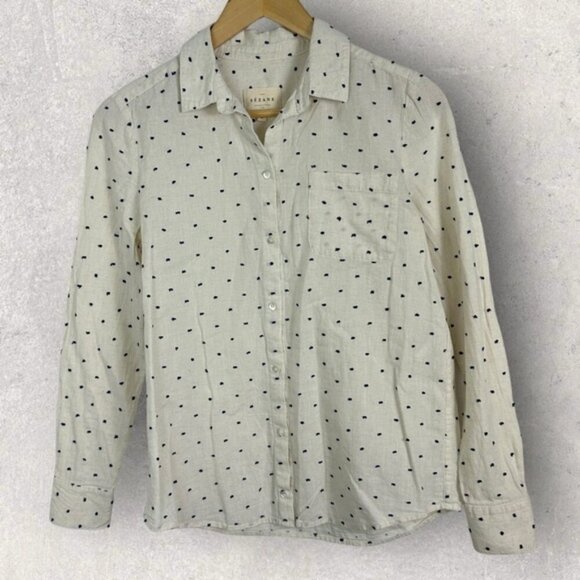 Sezane Linen Ramie Tomboy Shirt Ecru Blue Dot Print Size 34 French US 2 Button - Picture 4 of 15